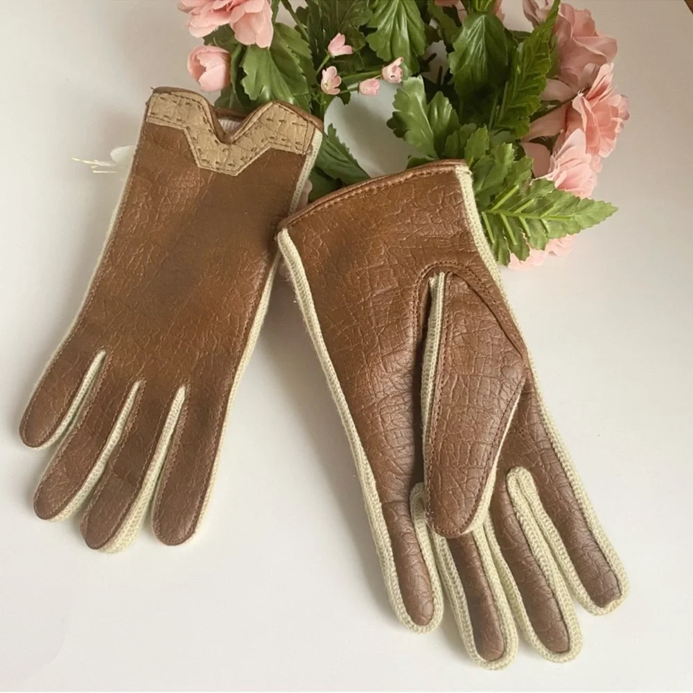 Vintage Van Raalte Brown Vinyl Pebble Knitted Lined Gloves